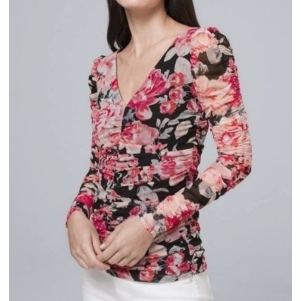 White House Black Market‎ Shirred Floral Print top black lining V neck Women SZ